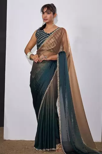 Gold & morpeach color fendi satin silk peding zircon handwork saree