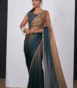 Gold & morpeach color fendi satin silk blend peding zircon handwork saree