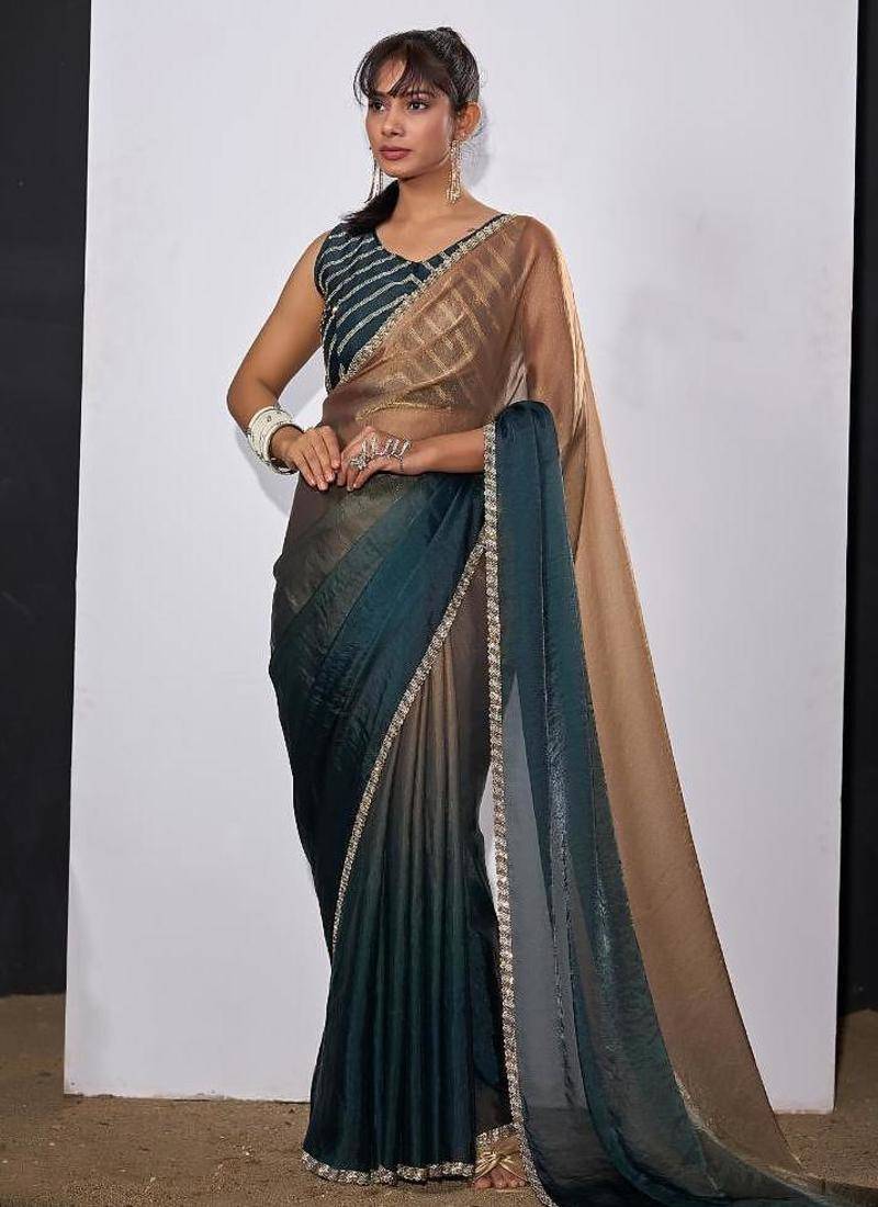 Gold & morpeach color fendi satin silk peding zircon handwork saree