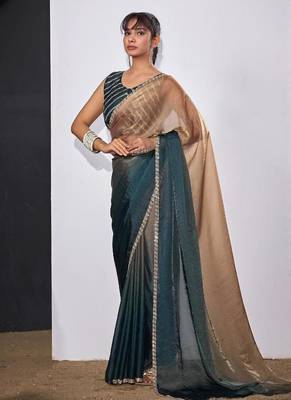 Gold & morpeach color fendi satin silk blend peding zircon handwork saree 2