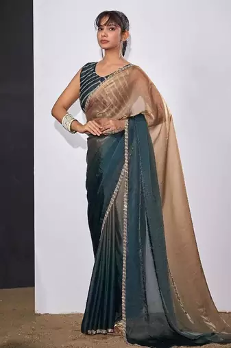 Gold & morpeach color fendi satin silk blend peding zircon handwork saree
