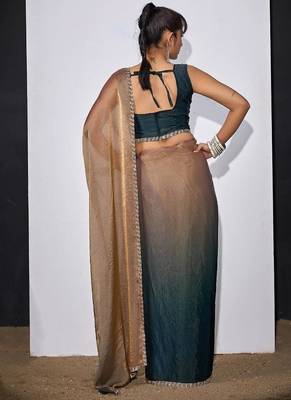 Gold & morpeach color fendi satin silk blend peding zircon handwork saree 3