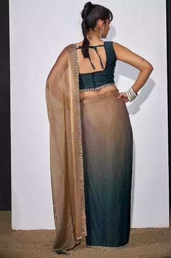 Gold & morpeach color fendi satin silk blend peding zircon handwork saree