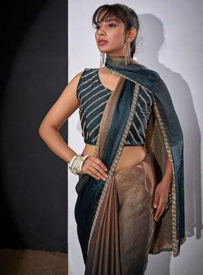 Gold & morpeach color fendi satin silk blend peding zircon handwork saree 5