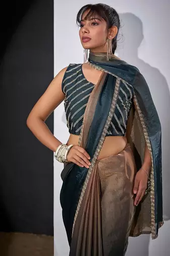 Gold & morpeach color fendi satin silk blend peding zircon handwork saree