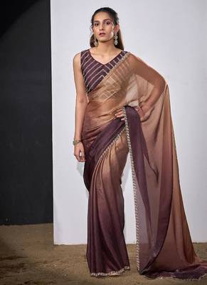 Gold & wine color fendi satin silk blend peding zircon handwork saree 1