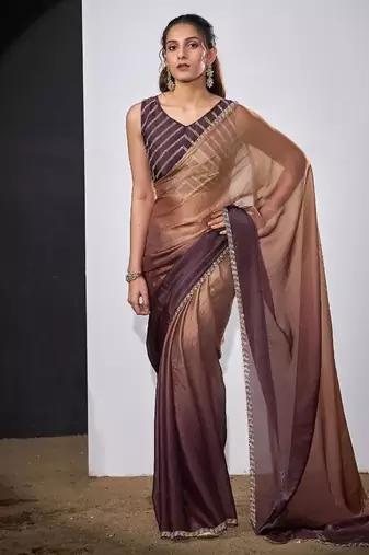 Gold & wine color fendi satin silk peding zircon handwork saree