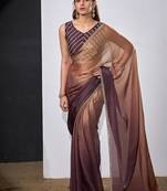 Gold & wine color fendi satin silk blend peding zircon handwork saree