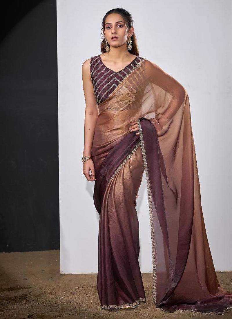 Gold & wine color fendi satin silk peding zircon handwork saree
