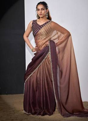 Gold & wine color fendi satin silk blend peding zircon handwork saree 2