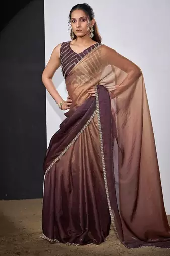 Gold & wine color fendi satin silk blend peding zircon handwork saree