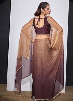 Gold & wine color fendi satin silk blend peding zircon handwork saree 3