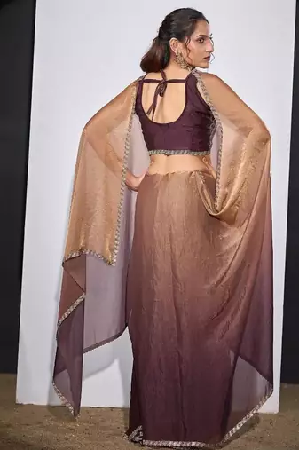 Gold & wine color fendi satin silk blend peding zircon handwork saree