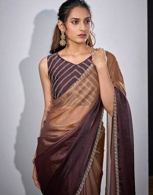 Gold & wine color fendi satin silk blend peding zircon handwork saree 5