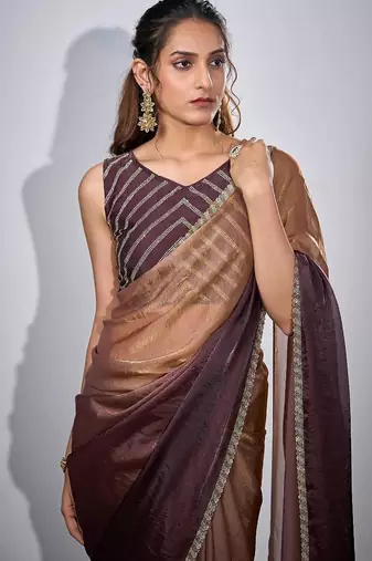 Gold & wine color fendi satin silk blend peding zircon handwork saree