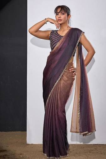 Gold & purple color fendi satin silk peding zircon handwork saree