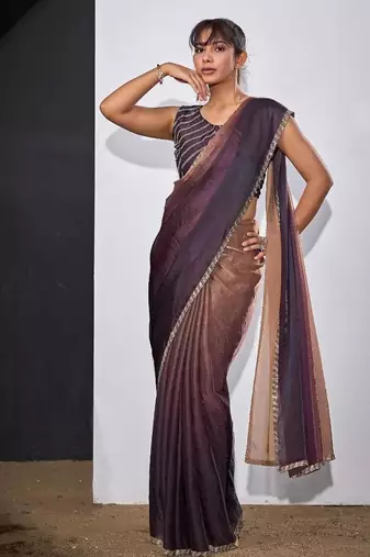 Gold & purple color fendi satin silk peding zircon handwork saree