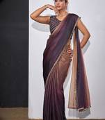 Gold & purple color fendi satin silk blend peding zircon handwork saree