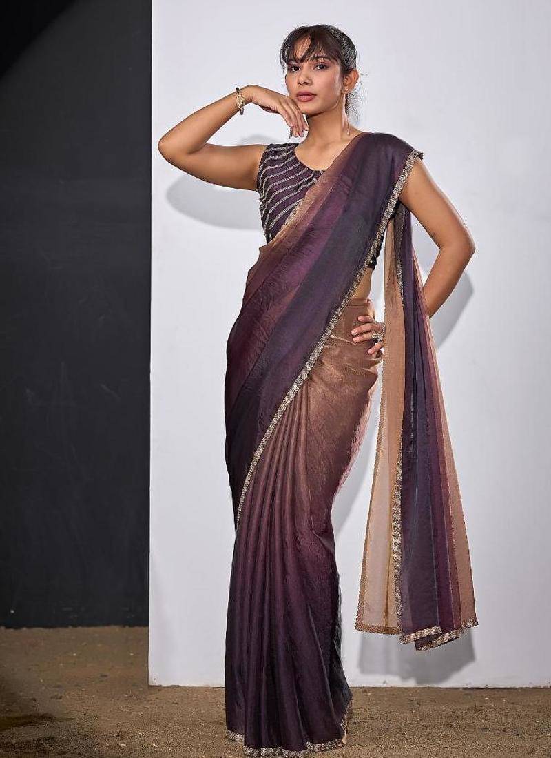 Gold & purple color fendi satin silk peding zircon handwork saree