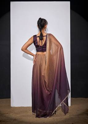 Gold & purple color fendi satin silk blend peding zircon handwork saree 2