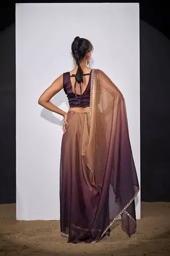 Gold & purple color fendi satin silk blend peding zircon handwork saree