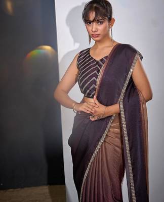 Gold & purple color fendi satin silk blend peding zircon handwork saree 4