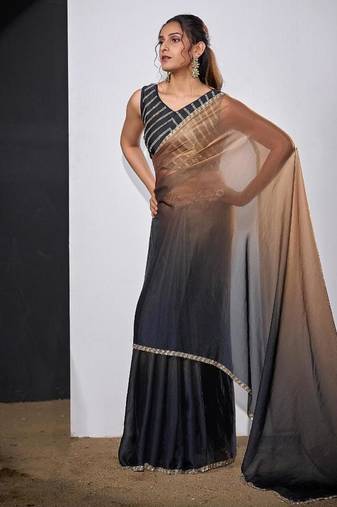 Gold & darkgrey color fendi satin silk peding zircon handwork saree