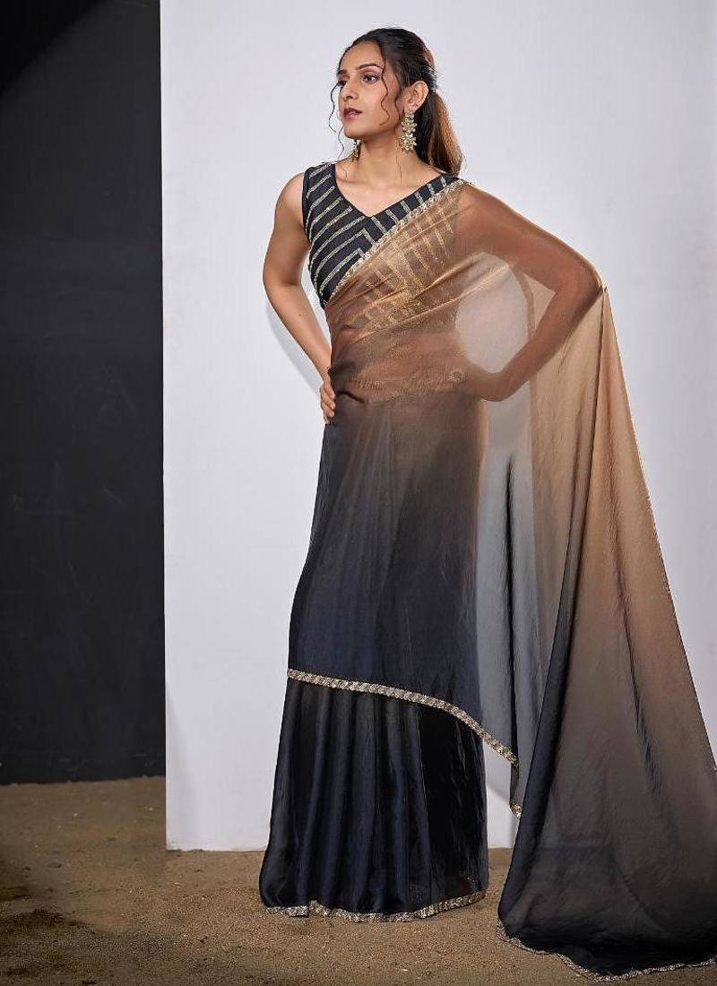 Gold & darkgrey color fendi satin silk peding zircon handwork saree