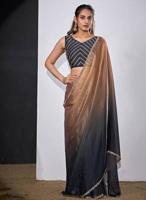 Gold & darkgrey color fendi satin silk blend peding zircon handwork saree 2
