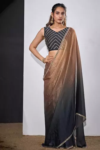 Gold & darkgrey color fendi satin silk blend peding zircon handwork saree