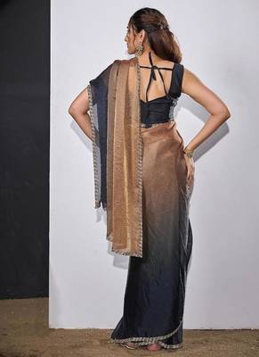 Gold & darkgrey color fendi satin silk blend peding zircon handwork saree 3