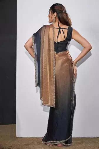 Gold & darkgrey color fendi satin silk blend peding zircon handwork saree
