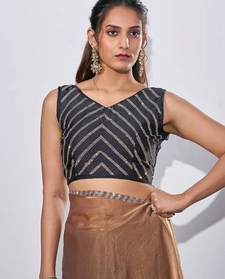 Gold & darkgrey color fendi satin silk blend peding zircon handwork saree 4