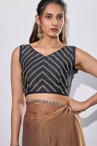 Gold & darkgrey color fendi satin silk blend peding zircon handwork saree