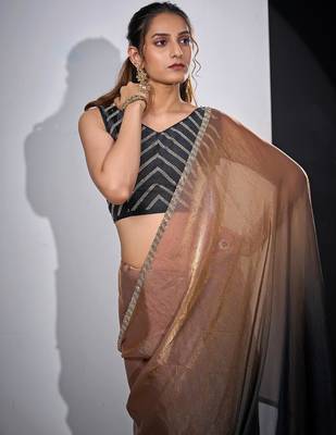 Gold & darkgrey color fendi satin silk blend peding zircon handwork saree 5