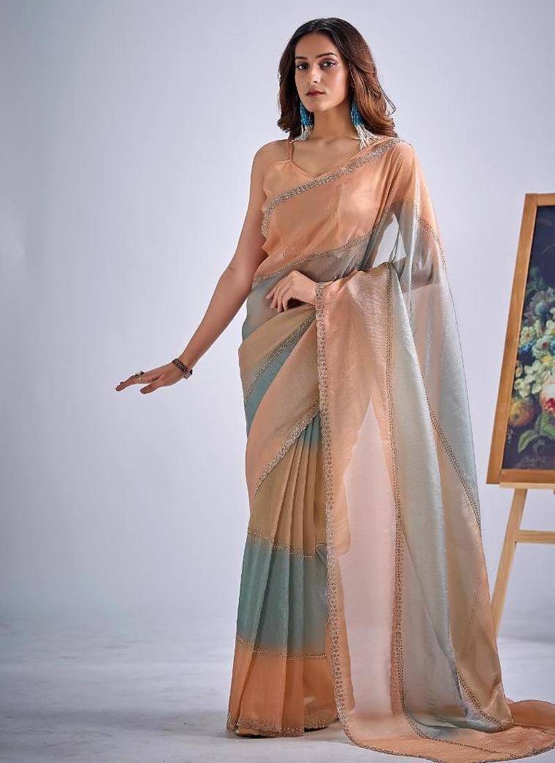 Multicolor pure silk beads & zircon work saree with fancy blouse