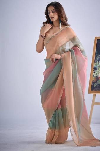 Multicolor pure silk beads & zircon work saree with fancy blouse