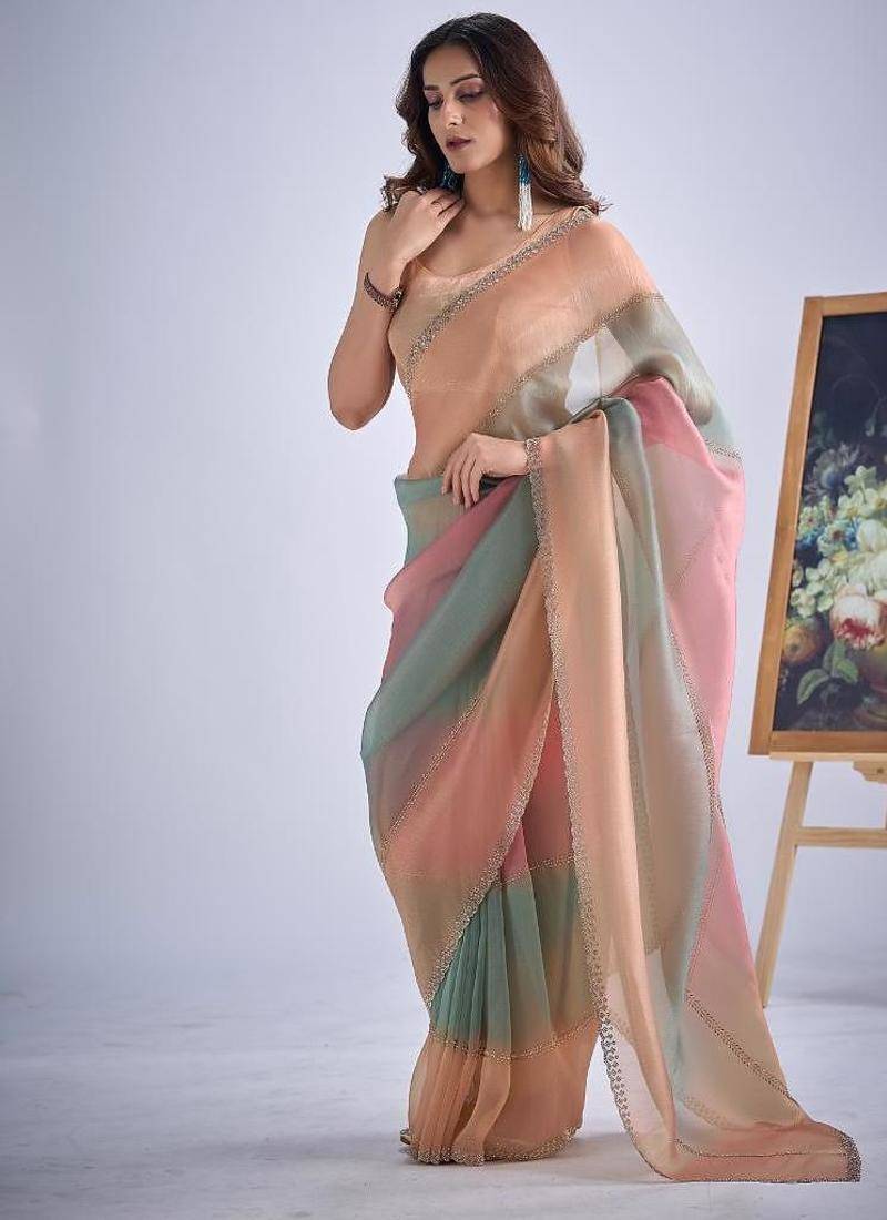Multicolor pure silk beads & zircon work saree with fancy blouse