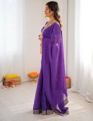 Purple faux georgette bandhni print & embroidered border saree 2