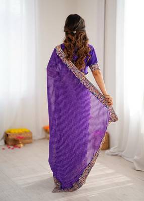 Purple faux georgette bandhni print & embroidered border saree 4