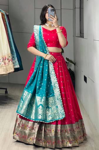 Firozi Color Zari Weaving Work Paithani Silk Lehenga Choli With Unstitched Blouse