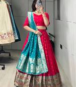 Firozi Color Zari Weaving Work Paithani Silk Lehenga Choli With Unstitched Blouse