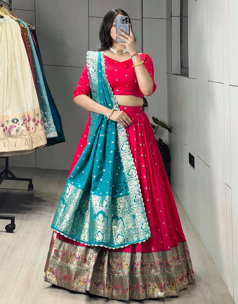 Firozi Color Zari Weaving Work Paithani Silk Lehenga Choli With Unstitched Blouse