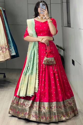 Pista Green Color Zari Weaving Work Paithani Silk Lehenga Choli With Unstitched Blouse