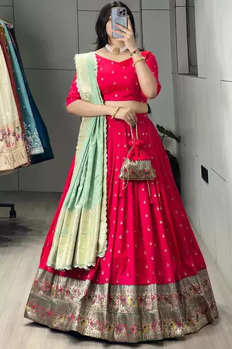 Pista Green Color Zari Weaving Work Paithani Silk Lehenga Choli With Unstitched Blouse