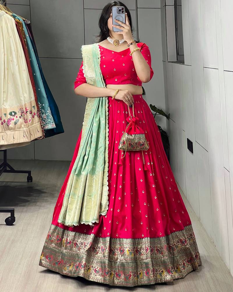 Pista Green Color Zari Weaving Work Paithani Silk Lehenga Choli With Unstitched Blouse