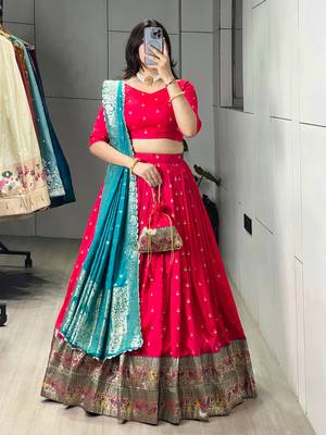 Firozi Color Zari Weaving Work Paithani Silk Lehenga Choli With Unstitched Blouse 2