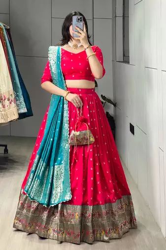 Firozi Color Zari Weaving Work Paithani Silk Lehenga Choli With Unstitched Blouse