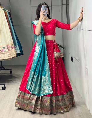 Firozi Color Zari Weaving Work Paithani Silk Lehenga Choli With Unstitched Blouse 3