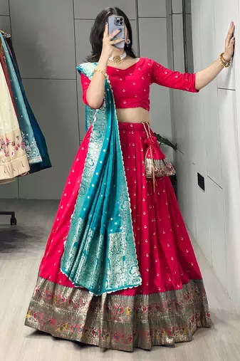 Firozi Color Zari Weaving Work Paithani Silk Lehenga Choli With Unstitched Blouse